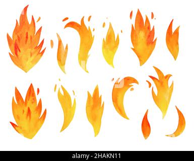 Fuoco acquerello con lingue di fiamma isolate su sfondo bianco. Falò acquarello trafilato a mano, elementi di fuoco con scintille. Foto Stock