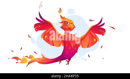 Simpatico personaggio phoenix con piume arancione e fuoco. Vettore cartoon illustrazione di volo fiaba firebird, bella fenix, mitologia magica uccello isolato sullo sfondo Illustrazione Vettoriale