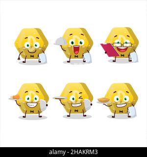 Felice giallo gummy caramella D cameriere personaggio cartoon tenendo un piatto. Illustrazione vettoriale Illustrazione Vettoriale
