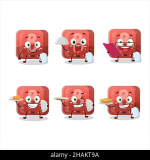 Felice rosso gommoso caramella B cameriere personaggio cartoon tenendo un piatto. Illustrazione vettoriale Illustrazione Vettoriale