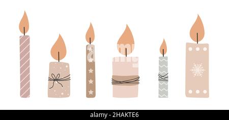 Collezione candela di Natale. L'inverno scandinavo ha disegnato a mano elemento festivo. Accogliente decorazione casa. Illustrazione vettoriale in stile piatto Illustrazione Vettoriale