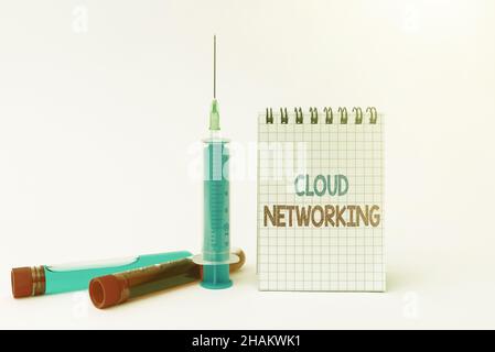 Firma che mostra il Cloud Networking. L'idea di affari è termine che descrive l'accesso delle risorse di rete che scrive le prove importanti di laboratorio di note mediche Foto Stock