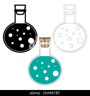 Icone vettoriali per provette chimiche Set di tre illustrazioni piatte minimaliste. Matracci chimici sperimentali per la scienza isolati su sfondo bianco. Illustrazione Vettoriale