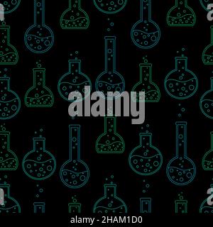 Provette per test chimici con disegno senza cuciture illustrazioni piatte vettoriali minimaliste. Matracci chimici per esperimenti scientifici su sfondo nero. Illustrazione Vettoriale