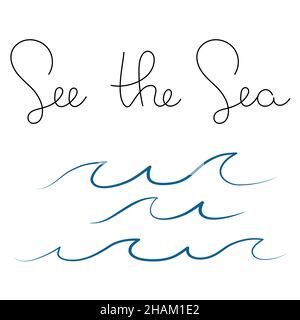 Semplici onde minimaliste e frase scritta disegnata a mano acqua lago fiume logo illustrazione vettoriale, design isolato su sfondo bianco Illustrazione Vettoriale