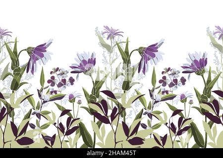Motivo floreale vettoriale senza cuciture, bordo. Immagine panoramica orizzontale con fiori bianco-viola. Illustrazione Vettoriale