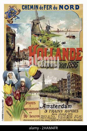 Chemin de fer du Nord. Hollande, esposizione 1895. Parigi à Amsterdam en 10 heures di Gustave Fraipont (1849-1923). Poster pubblicato nel 1895 nei Paesi Bassi. Foto Stock