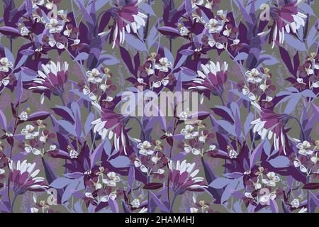 Motivo floreale vettoriale senza cuciture. Fiori, foglie e steli di colore bianco-viola su sfondo grigio. Illustrazione Vettoriale