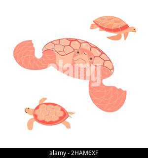 Insieme di tartarughe marine isolate su sfondo bianco. Animali marini nuoto, fauna subacquea. Illustrazione di Flat Art Vector. Illustrazione Vettoriale