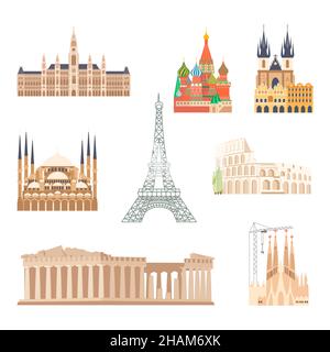 I principali simboli delle città europee sono posti isolati su sfondo bianco. Illustrazione di Flat Art Vector. Illustrazione Vettoriale