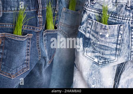 Abbigliamento di consumo responsabile. Dalle tasche di jeans germogli piante Foto Stock