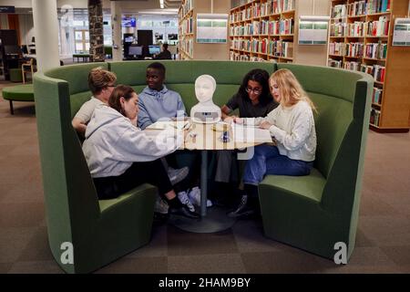 Amici seduti insieme in biblioteca Foto Stock