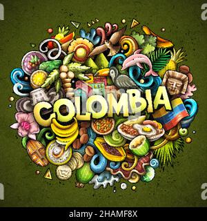 Colombia disegno a mano cartoon Doodle illustrazione. Divertente design colombiano. Sfondo vettoriale creativo. Testo scritto a mano con elementi latino-americani e. Illustrazione Vettoriale