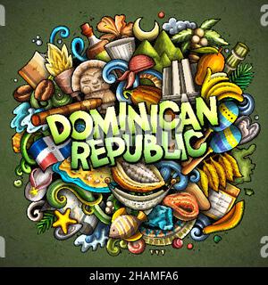 Repubblica Dominicana disegno a mano cartoon doodle illustrazione. Divertente Dominicanian design. Sfondo vettoriale creativo. Testo scritto a mano con il Nord America Illustrazione Vettoriale