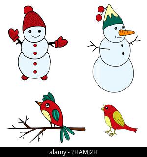 Una serie di icone di Natale per disegno, immagini di snowmen e uccelli per la stampa. Foto Stock