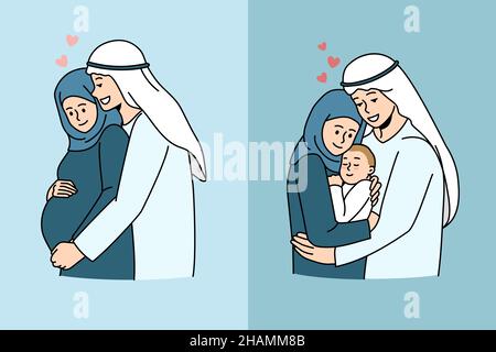 Concetto di famiglia islamica e arabica. Felice giovane famiglia araba wirh moglie incinta e poi con bambino piccolo neonato bambino amorevole coppia genitori con bambino illustrazione vettoriale Illustrazione Vettoriale