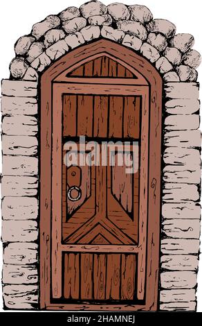 Chiuso ingresso coperto di neve con wreath.Hand Natale vintage porta. Illustrazione Vettoriale