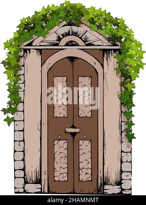 Chiuso ingresso coperto di neve con wreath.Hand Natale vintage porta. Illustrazione Vettoriale