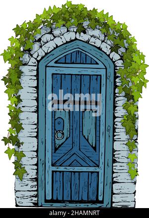 Chiuso ingresso coperto di neve con wreath.Hand Natale vintage porta. Illustrazione Vettoriale