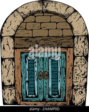 Chiuso ingresso coperto di neve con wreath.Hand Natale vintage porta. Illustrazione Vettoriale