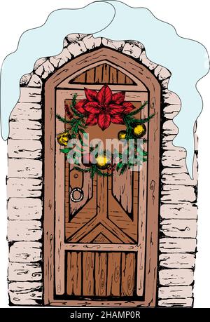 Chiuso ingresso coperto di neve con wreath.Hand Natale vintage porta. Illustrazione Vettoriale