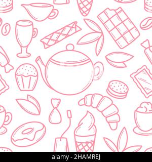 Festa del tè con dolci senza cuciture in stile doodle Illustrazione Vettoriale