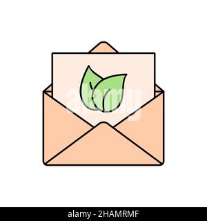 Busta biodegradabile con foglia verde. Icona della linea della busta riciclata. Forniture per ufficio sostenibili. Azienda responsabile. Vector busta marrone aperto Illustrazione Vettoriale