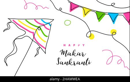 Banner vettoriale Makar Sankranti, poster. Kite una linea di disegno di sfondo. Linearit continuo con testo Happy Makar Sankranti Illustrazione Vettoriale