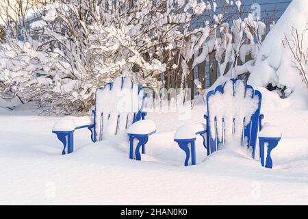 Sedie blu Adirondack in un giardino sul retro. Foto Stock