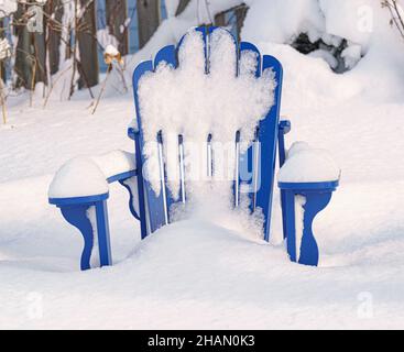 Sedie blu Adirondack in un giardino sul retro. Foto Stock