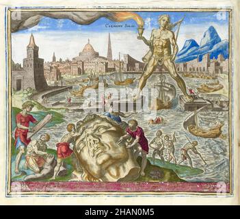 Colosso di Rodi (Helios), Grecia antica, incisione di Philips Galle, dopo, Maarten van Heemskerck, 1572 Foto Stock