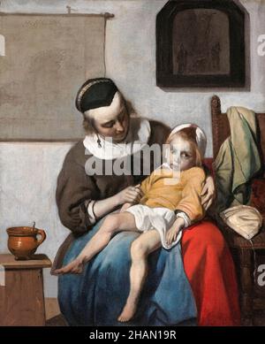 Gabriël Metsu, pittura, il Bambino malato, 1663-1664 Foto Stock