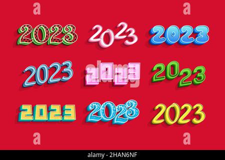 Calendario data 2023 modello di serie 3D stile, colorato su sfondo rosso. Illustrazione Vettoriale