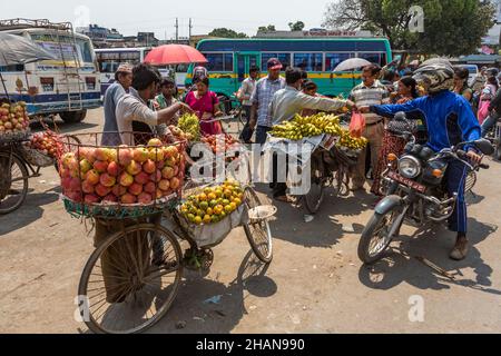 Venditori di frutta fresca da biciclette in un mercato aperto a Patan, Nepal. Foto Stock