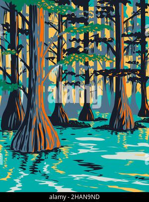 Caddo Lake state Park con gli alberi Bald Cypress ad Harrison e Marion County East Texas USA WPA Art Foto Stock