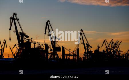 Porto di carico. Sagome scure di gru a portale sullo sfondo del cielo del tramonto Foto Stock