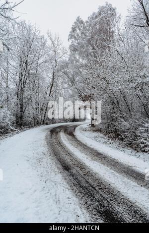 Pericoloso tratto di strada coperto di neve e ghiaccio.strada nevosa attraverso la foresta.Inverno panorama.Guida in ghiacciato paesaggio congelato.cattive condizioni meteorologiche. Foto Stock
