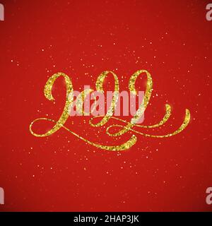 Poster felice anno nuovo 2022 con composizione scritta. Volantini stagionali e biglietti d'auguri per le vacanze di Natale. Dadornato con scintillanti paillettes dorate. Illustrazione vettoriale. Illustrazione Vettoriale