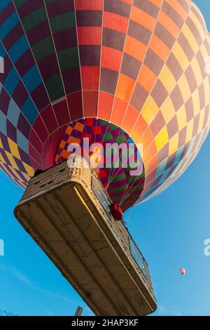 Ballon ad aria calda visto dal basso. Vista dall'alto della rana. Cappadocia, Anatolia Centrale, Turchia Foto Stock