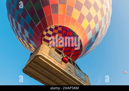 Ballon ad aria calda visto dal basso. Vista dall'alto della rana. Cappadocia, Anatolia Centrale, Turchia Foto Stock