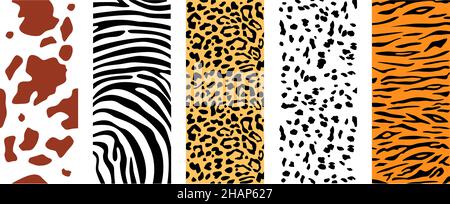 Set di tessuti cutanei animali. Pattern vettoriale verticale. Stampa motivo dalmata, leopardo, mucca, tigre e zebra. Modello di tigre, dalmata, zeb Illustrazione Vettoriale