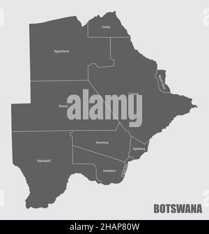 Mappa amministrativa del Botswana. Mappa isolata con etichette. Illustrazione Vettoriale