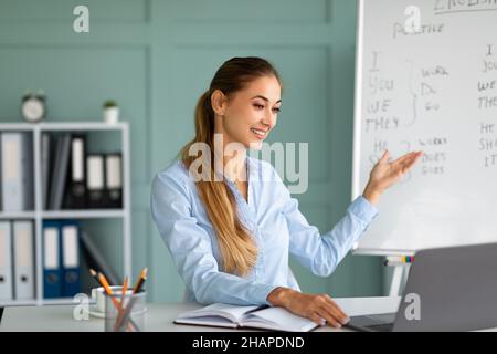 Insegnante di inglese femminile millenaria che ha videoconferenza chat con gli studenti, parlando con la Webcamera portatile Foto Stock