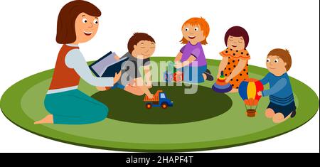 I bambini sono seduti sul tappeto con l'insegnante, l'insegnante sta leggendo un libro, i bambini stanno giocando con i giocattoli. Vettore isolato su un backgro bianco Illustrazione Vettoriale
