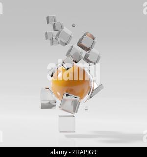 3D rappresentazione di una pallina arancione e cubi esplosi isolati su sfondo bianco Foto Stock