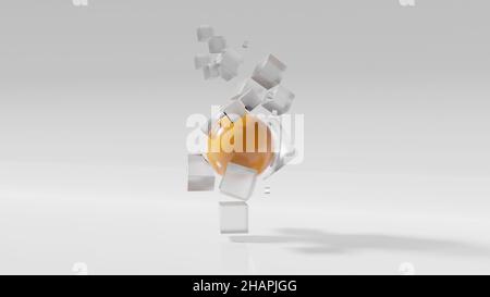 3D rappresentazione di una pallina arancione e cubi esplosi isolati su sfondo bianco Foto Stock