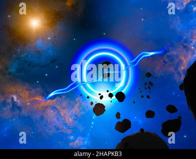 Campo gravitazionale di un buco nero, attrazione gravitazionale. Meteoriti e asteroidi in procinto di essere inghiottiti. Nuovi mondi e galassie. Nebulose Foto Stock