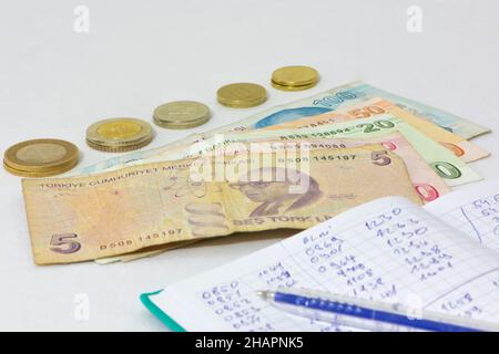 Banconote e monete in lira turca, penna e banconote con numeri isolati su sfondo bianco Foto Stock