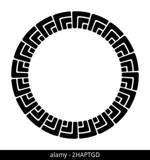 Meandro rotondo astratto, ornamento geometrico circolare con blocchi, angoli, cornice. Motivo decorativo isolato su sfondo bianco. Posiziona per testo. Illustrazione Vettoriale