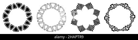 Set di quattro ornamenti circolari astratti, ornamenti etnici disegnati a mano, cornici a strisce. Motivi decorativi, isolati su sfondo bianco. Illustrazione Vettoriale